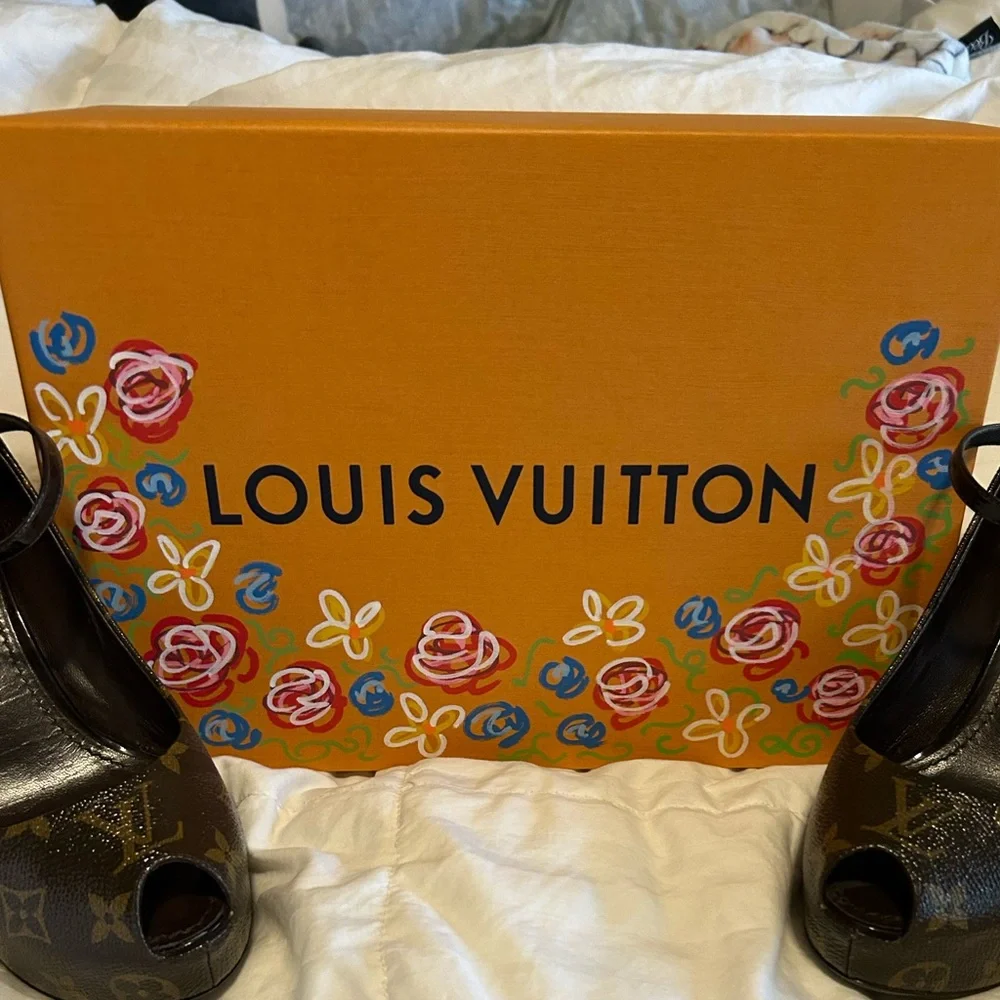 Louis Vuitton Monogram Peep-Toe Mary Jane Heels in Brown